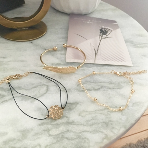 3-Piece Feather and Flower Gold Toned Bracelet Set - Picture 3 of 6